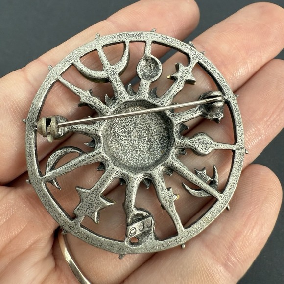 Vintage JJ Jonette Signed Celestial Brooch Pin Pewter Gold Tone Sun Moon Stars - Picture 4 of 6